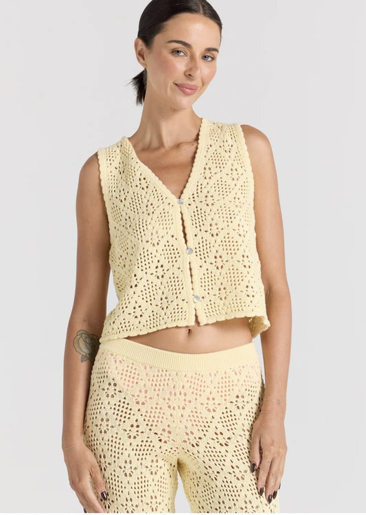 Messina Crochet V Knit Button Up Top - Lemon