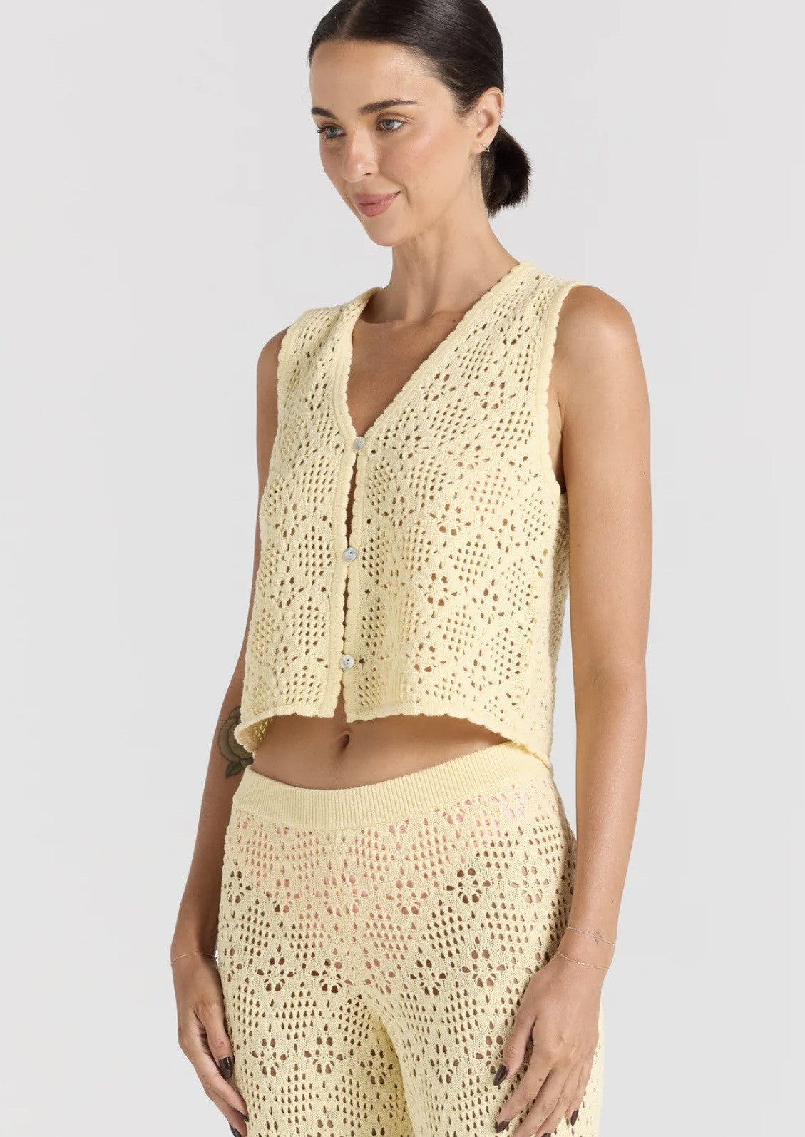 Messina Crochet V Knit Button Up Top - Lemon