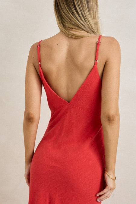 Sunny Days Linen Bias Midi Dress - Cherry