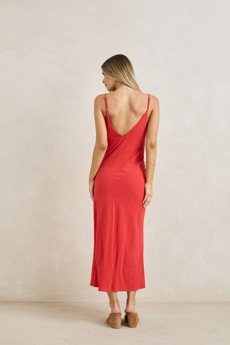 Sunny Days Linen Bias Midi Dress - Cherry