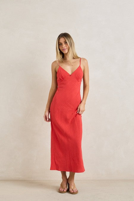 Sunny Days Linen Bias Midi Dress - Cherry